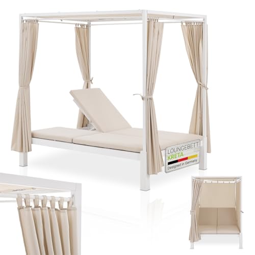 Juskys Doppel Loungebett Kreta - Gartenliege für 2 Personen - Dach & Rückenlehne verstellbar - Sonnenliege für Terrasse, Garten & Balkon - Liege Weiß
