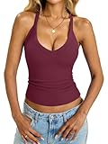 EasyGala Womens Built in Shelf Bra Racerback Tank Tops Padded Ribbed Halter Strap T Shirts Slim Fitted Sexy V Neck Tee Wine Red M