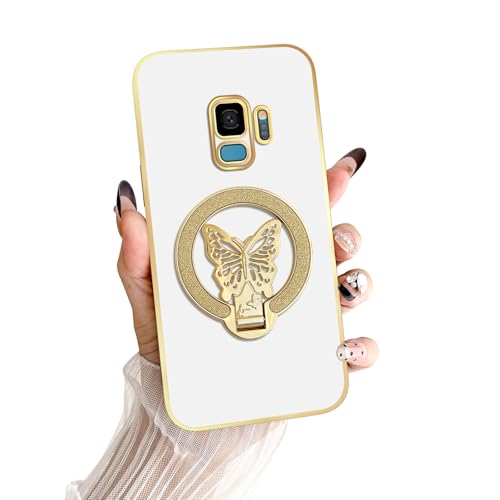 Coque Galaxy S9 antichoc et fine avec anneau papillon galvanisé blanc
