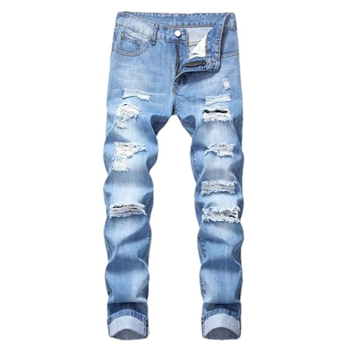 Mens Straight Jeans Zipper Hole Streetwear Casual Pants Denim Trousers