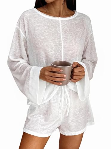 Remidoo Women's Sexy See Through Pajamas Long Sleeve Sleepwear Drawsting Mesh Sheer Pj Set White Medium