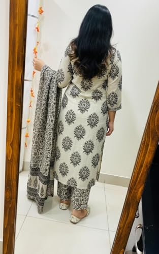 Image of ANNI Designer Women Viscose Blend Straight Fit Printed Kurta Pant Dupatta Set | V Neck Three Quarter Sleeve Outfit | Soft Breathable Fabric | Comfortable Elegant Styling for Office Casual Wear