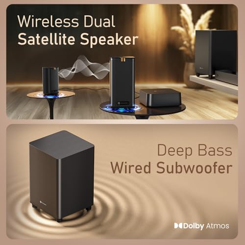 Image of Portronics 600W Sound Slick X1 5.1.2 CH Dolby Atmos Soundbar Home Theatre with Wireless Satellite Speaker, Wired Subwoofer, Wide Comptability, HDMI ARC, Bluetooth & Optical Connectivity (Black)