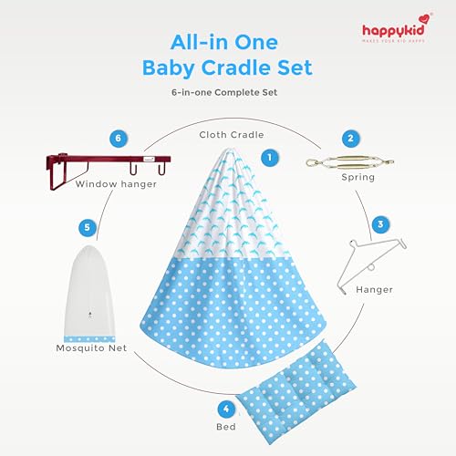 Image of Happykid Cotton Cradle for Baby Swing for Newborns, Foldable Window Hanger with Sliding Lock, Hanger Spring, Mosquito Net & Mattress with Insert Pocket, Jhoola, Thottil, Joli, Jokali, Onjal (Blue)