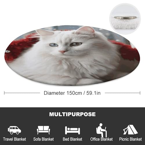 Couverture de plage ronde motif chat blanc en coton microfibre à franges de 150cm - 3