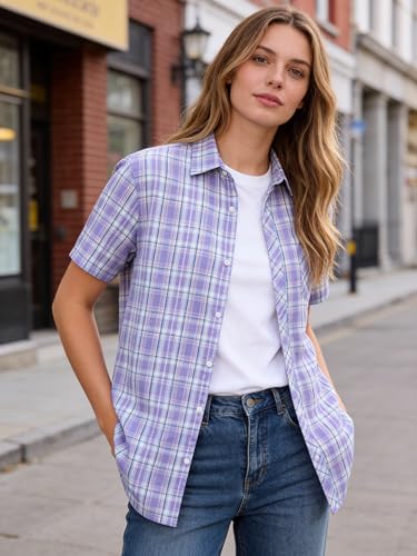 Image of SANGTREE Girls and Women Plaid Shirt Short Sleeve Button Down Summer Blouses Tops