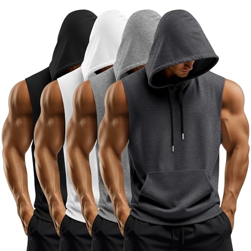 Yearntown 4 Pack Men Workout Hooded Tank Tops Bodybuilding Athletic Muscle Hoodies Sleeveless Activewear Gym T-Shirts(Dark Gray Light Gray White Black Large)