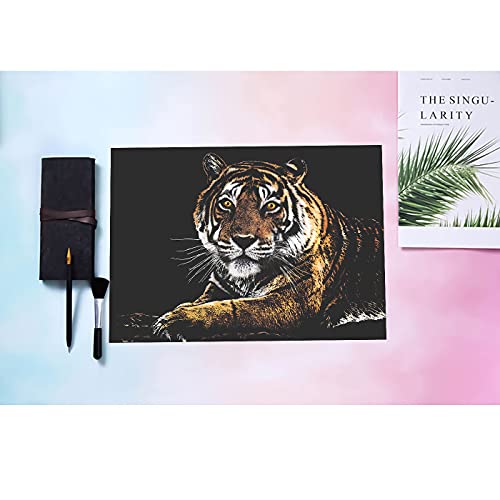 Animal Scratch Art Rainbow Painting Paper, Engraving Art & Craft Sets, Creative Foil Scratch Art Toys Gift, Diy Sketch Card Scratchboard For Kids & Adults, Women - 16'' X 11.2'' With 3 Tools (Tiger) #TOP6
