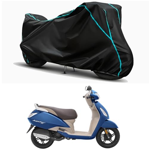 Image of Waterproof Bike Body Cover Compatible for | TVS Jupiter 125 Old | Taffeta Fabric, Sky Piping Design, Bottom Elastic Fit | Dustproof, Sun UV & Rain Protection for All Weather.