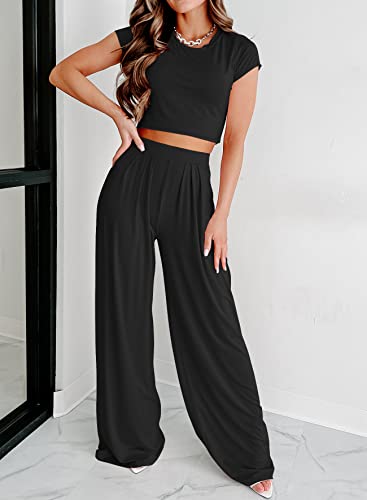 Ezbelle Women's Summer Two Piece Outfit Short Sleeve Crewneck Crop Tops And Pockets Wide Leg Long Pants Tracksuit Sweatsuits Lounge Sets Black X-Large #TOP1