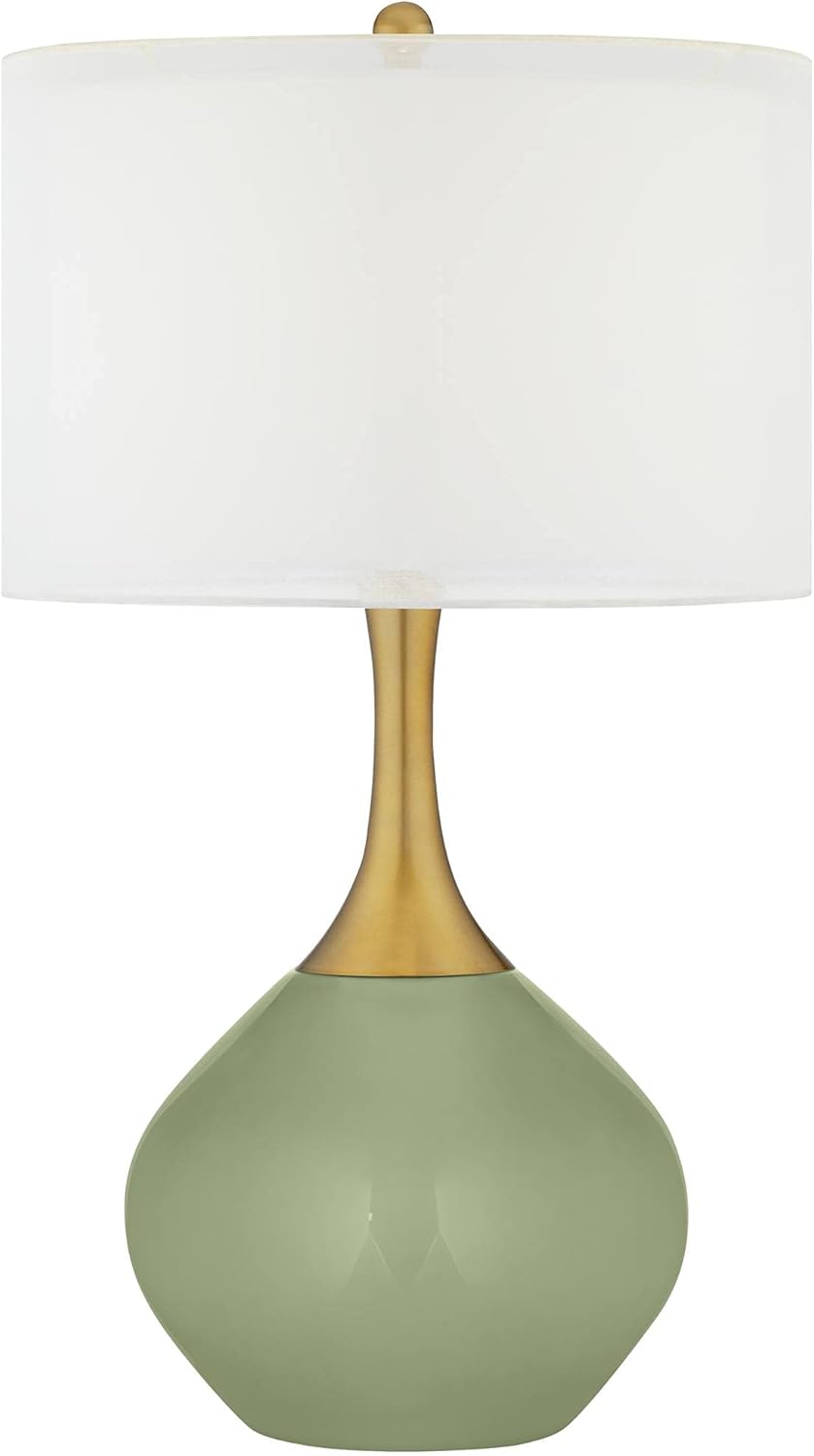 Color + Plus Nickki 30 1/2" Tall Large Mid Century Modern End Table Lamp Majolica Green Gold Brass Finish Glass Metal Single White Shade Living Room Bedroom Bedside Nightstand House Office Home