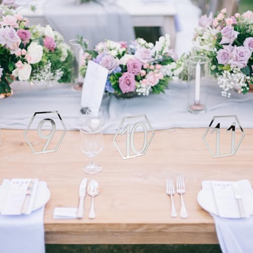 Números de mesa hexagonales acrílicos plata reutilizables para bodas de 20 piezas 7