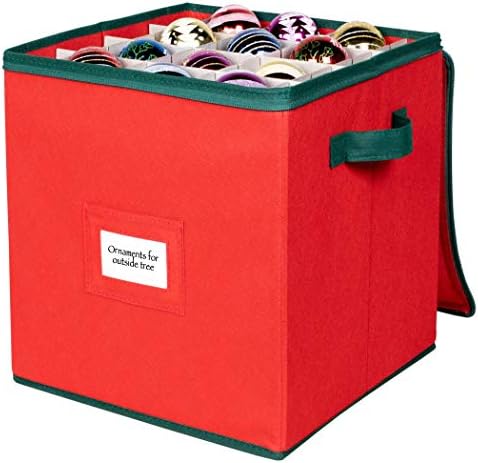 HOLDN’ STORAGE Christmas Ornament Storage Box - Christmas Decor Storage Containers that Store up to 64 – 3” x 3” Holiday Xmas Ornaments – Adjustable Compartment To Fit Many Sizes Ornaments – Red/ Green Trim.