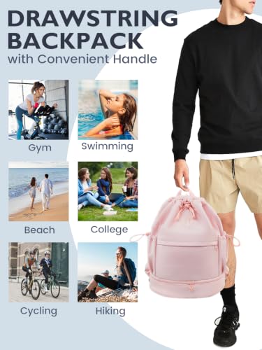Image of RHDZO Drawstring Gym Backpack with Shoe Compartment and Wet Pocket, Pink | String Backpack for Men Women, Drawstring Bag for Sports Swim Beach Soccer Volleyball, Adjustable Shoulder Strap
