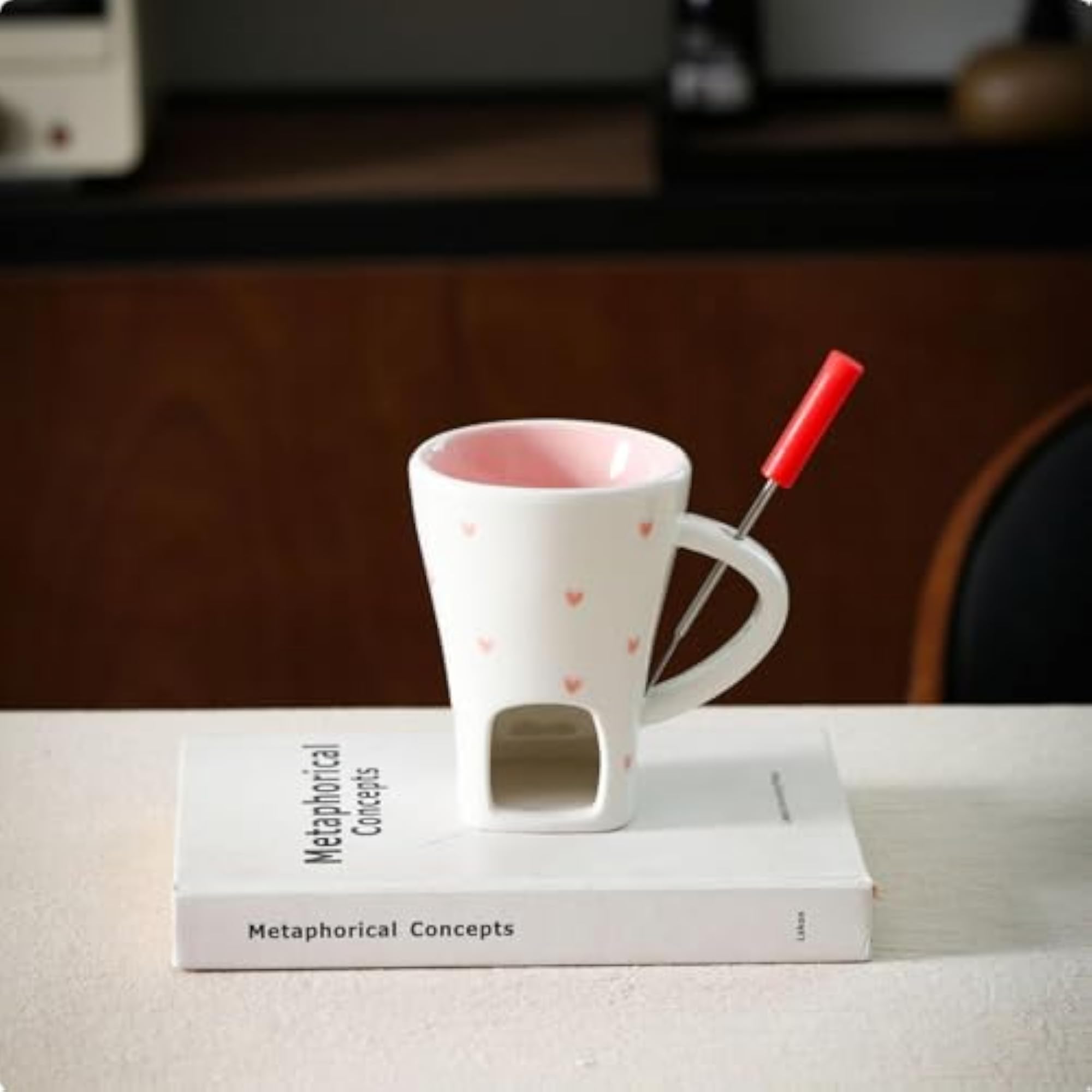 Personal Fondue Mug with Heart Pattern, Ceramic Chocolate Melter