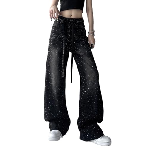 LAFOURAM Petite Jeans for Women 5 FT Short Wide Leg Baggy Rhinestone Bling Bedazzled Denim Pants3