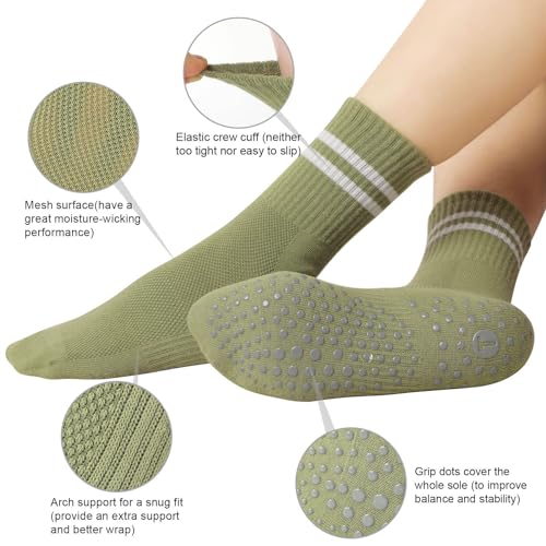 Image of Toes Home Pilates Socks for Women with Non Slip Grippers, Yoga Crew Socks for Barre Hospital Sticky Slipper Socks 4 Pairs