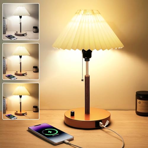 Bedside Lamp with USB Charging Dimmable Fabric Shade