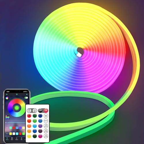 segrass 16.4FT DC24V RGB LED neon Rope Lights with Remote/APP Control Waterproof Flexible Neon LED Strip Lights LED neon Rope Lights for Bedroom Room Outdoors Decor
