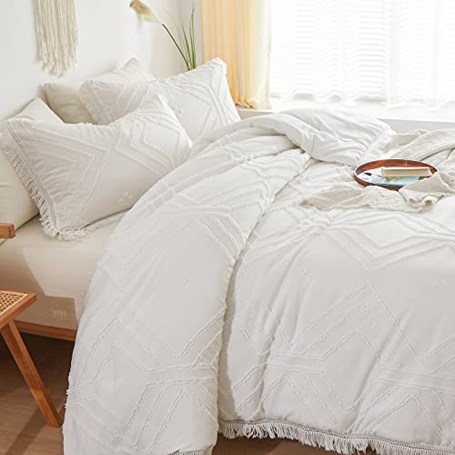 Oarage Boho White Comforter Set Queen,3 Piece Tassel Geometric Textured Tufted Comforter For Queen Size Bed,Shabby Chic Bedding Comforter Sets(2 Pillowcase), All Season Bed Set #TOP2