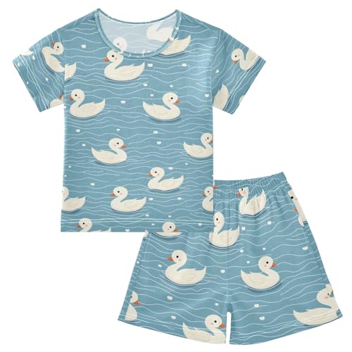 ALAZA Duck Blue Wave Pajamas Set Short Sleeve Cotton Sleepwear Summer Pjs 2 Piece 5-14Y