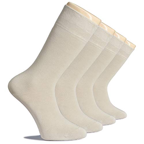 Hugh Ugoli Men's Bamboo Dress Socks Seamless Toe Business Crew Men Thin Socks, Beige, 4 Pairs, Shoe Size: 8-12