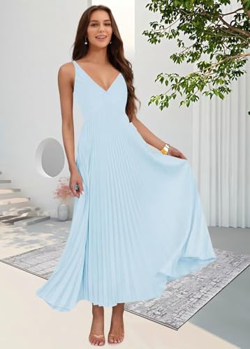 Miao Duo Women's Silk Satin Pleated Wedding Guest Dresses Elegant V Neck Maxi Formal Dresses YZTS1444