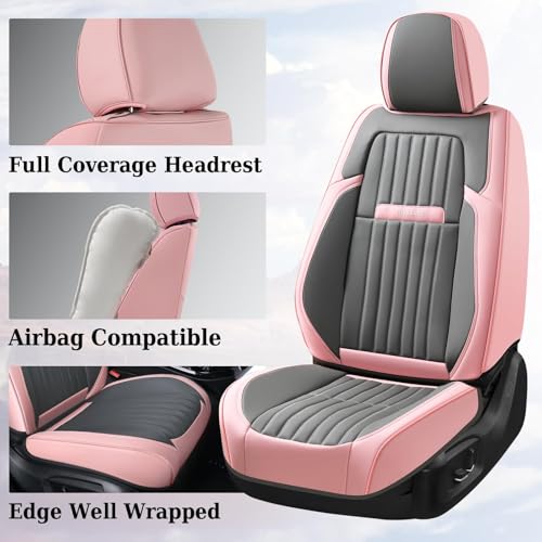 Image of Coverado Car Seat Covers Full Set, Nappa Leather Seat Covers for Cars, Waterproof Car Seat Covers Front Seats and Back, Automotive Car Seat Protector Car Seat Cushion Fit for Most Cars (Pink&Grey)