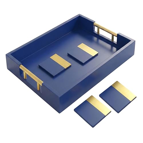 Wood Serving Tray with Gold Polished Metal Handles, Home Decorative Wooden Rectangle Ottoman Decor Platter Bathroom Vanity Tray for All Occasions Gloss Finish, 16x12, Navy Blue
