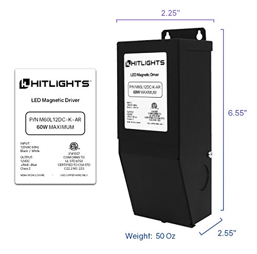 Hitlights 60 Watt Dimmable Driver, Magnetic, For Led Light Strips - 110V Ac-12V Dc Transformer. Made In The Usa. Compatible With Lutron And Leviton, Black #TOP1
