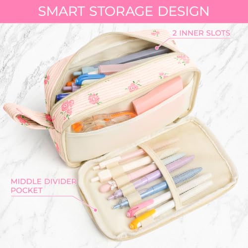Image of WOBAGMEN Cute Pencil Case,Large Corduroy Zippered Pencil Case Pouch, aesthetic Pencil Bag with Compartments(Pink Bow Floral)