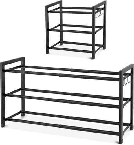 BrFoYu シューズラックスリム 3段 伸縮式シューズラック 47cm～83.5cm 幅調節可能 寝室用 ブラック