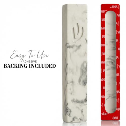 Image of SURI Mezuzah for Door - 5 Inch Marble Off-White Concrete Mezuzah Case with Non Kosher Scroll, Self-Stick Jewish Entry Design, Fits a 4 Inch Scroll, Gift Box Included