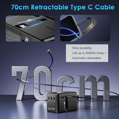 Image of JMFONE 70W GaN Universal Travel Adapter, Retractable USB-C Cable + 4 USB-Port + 2500W AC Outlet, International Power Adapter with US EU UK AUS Plugs for 200+ Countries, Fast Charging Laptops Phones