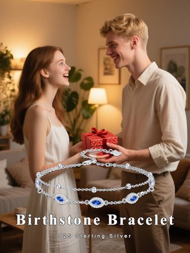 Evil Eye Birthstone Charm Link Bracelet 925 Sterling Silver Evil Eye Bracelet with 12 Months Birthstone Birthday Jewelry Gifts for Women Mom Her,Chain Length 7"+2" Extend3