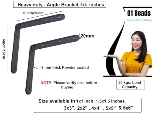 Image of Q1 Beads 4 Pack Metal 6 x 6 inches Heavy Duty 30 Kgs. Load Capacity L Clamp Angle Bracket Floating Bracket for Shelf,Rack, Home,Shop -Powder Coated (Black)