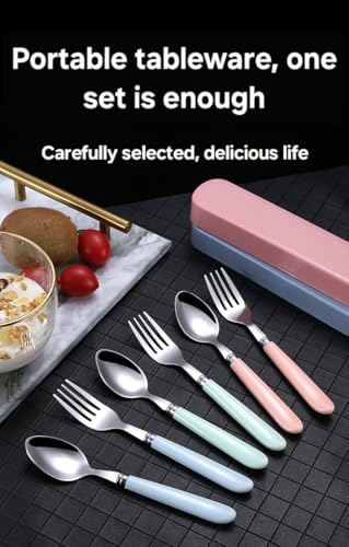 Image of 2-Piece Portable Cutlery Set - Metal Spoon & Fork with Plastic Handle and Travel Box for Lunch Box, Office, School, Home & Kids (Pink)