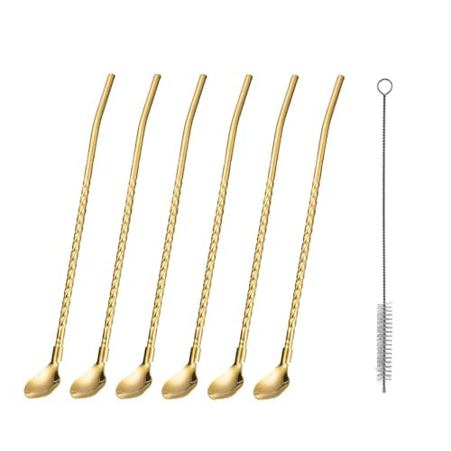 6 Pcs Stainless Steel 2-in-1 Straw Cum Spoons | Reusable Straw Spoons | Long Spoon Straws for Ice Tea, Milkshake, Drinks (Golden, 6 Straws and 1 Cleaning Brush)-image-31