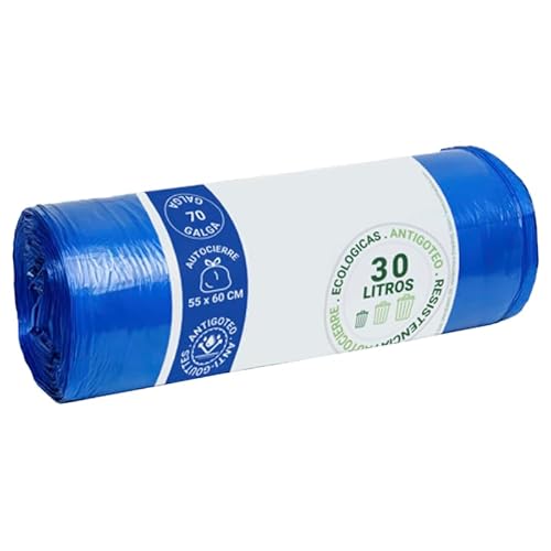 Almericorp Bolsa de basura Azul 55x60 de 30 litros, autocierre, Paquete 20 unidades (10)