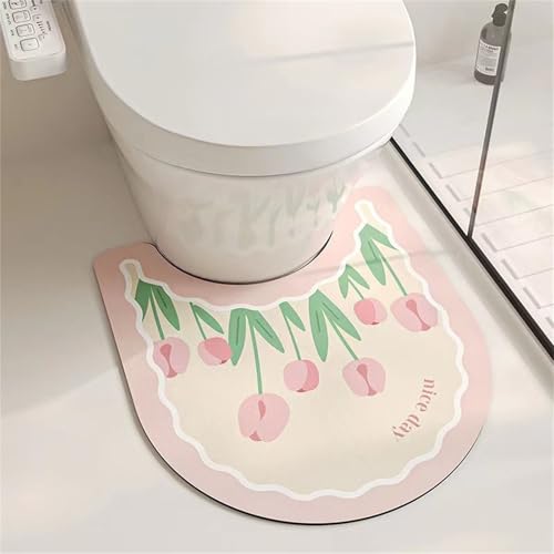 Highdi Tapis de Toilette U, Motif Fleur Tapis Toilette WC Diatomite Sechage Rapide Absorbant Tapis de Sol pour Toilette Antidérapant Tapis Contour WC Tapis de...