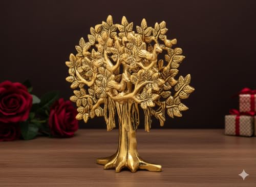 Image of Metal Kalpavriksha Tree for Home Decor - Golden Wish Fulfilling Tree Metal Showpiece for Temple, Vastu, Office Table & Gifting Banyan (No 2 Golden)