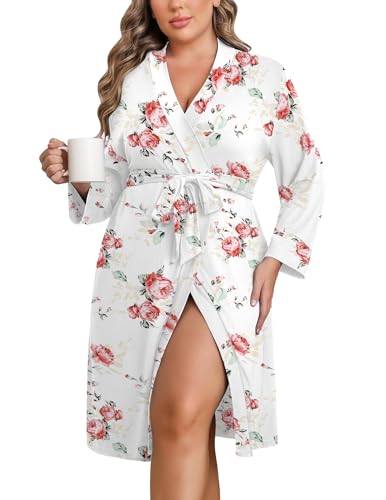 Image of Ekouaer Women Plus Size Robe Knee Length Lightweight Bathrobe Short Kimono Robes with Pockets Maternity Robe