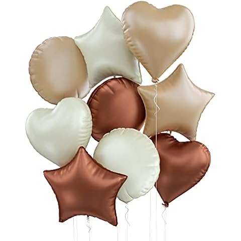 Foil Balloons 18 Inch, Large Chocolate Brown Cream Tan Heart Stars Round Shape Mylar Helium Balloons, 9PCS Nude Pentagram Aluminum Foil Balloons Set, Neutral Foil Balloons for Birthday Decoration Cover