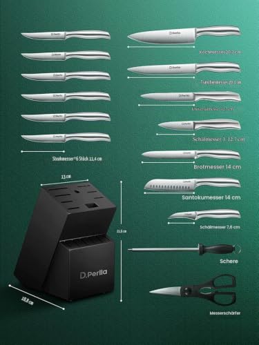 Foto von D.Perlla Messerblock, Profi Messer Set 16-TLG, Extra Scharf & Ergonomischen Messerblock Messer Set, Nehmen Sie Nahtlose Schmiedetechnologie an, Edelstahl Kochmesser Set mit Holzblock, Schwarz