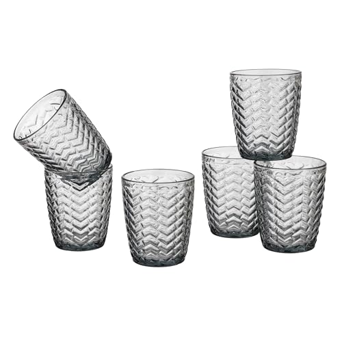 Baroni Home Set 6 pz Bicchieri Wave in Vetro Colorati e Decorati con Righe in Rilievo 30 CL, Bicchieri Eleganti Lavabili in Lavastoviglie, 8x8x9,5 cm Fumè