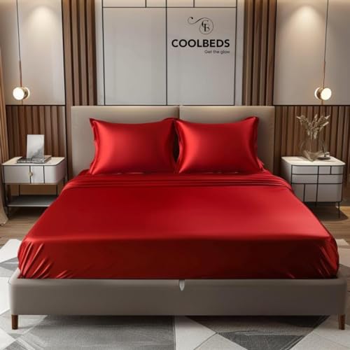 Image of COOLBEDS Satin Elastic Fitted Sheet & 2 Pillow Covers (King, Red)