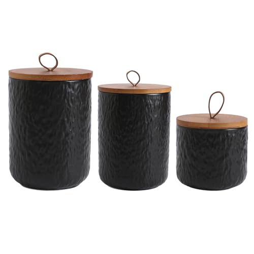 YYW Black White Airtight Ceramic Canister, Kitchen Canisters for Countertop with Seal Wooden Lid Storage Container for Coffee Bean Sugar Tea Cookie Candy (Black three piece)