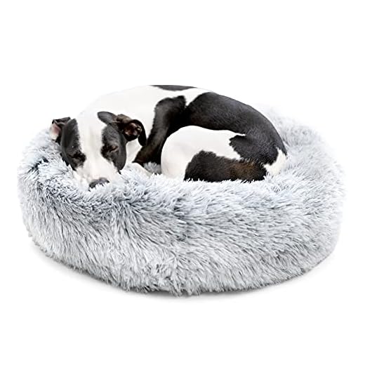 Barkbox 2-in-1 Memory Foam Donut Cuddler Dog Bed | Orthopedic Joint Relief Fur Crate Lounger for Dogs and Cats, Machine Washable + Removable Cover | Waterproof Lining | Includes Toy (Medium, Grey)