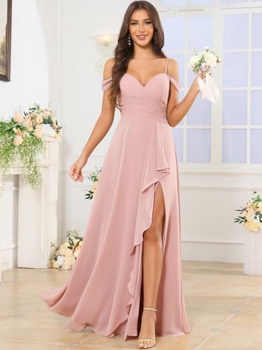 Women's Off The Shoulder Bridesmaid Dress Chiffon Ruffle Formal Prom Dress with Slit3