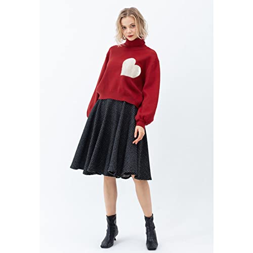 Image of CHICWISH Women's Red Embroidered Heart High Neck Knit Sweater